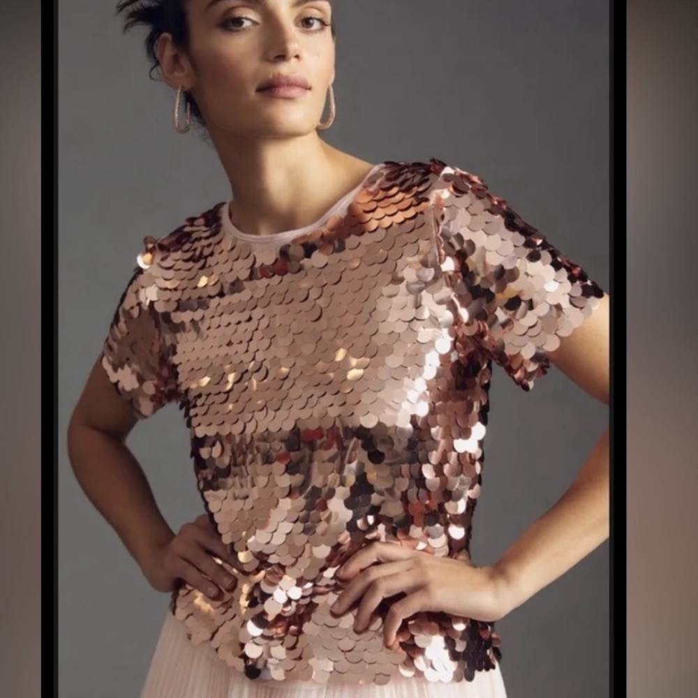 Anthropologie Rose Gold Sequin Short-Sleeve Tunic - Picture 8 of 16